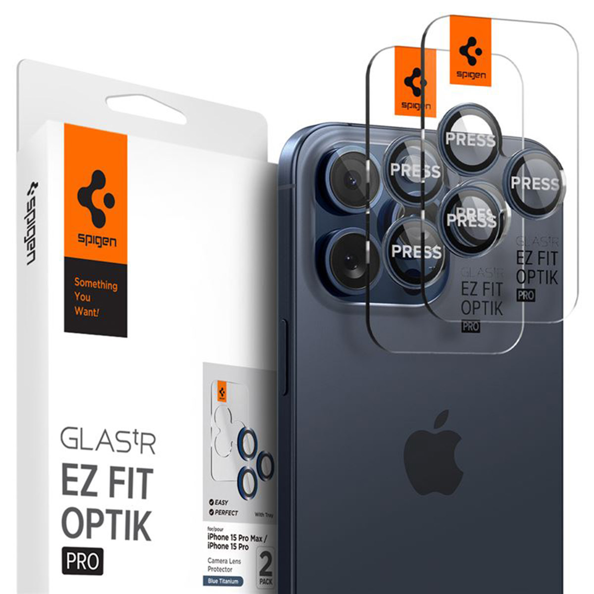 Spigen Optik Pro EZ Fit Lens Protector - Cameralens bescherming (2-pack) voor de Apple iPhone 17 Pro (Max) / 16 Pro (Max) / 15 Pro (Max) / 14 Pro (Max) - Blue Titanium