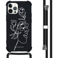 iMoshion Design hoesje met koord iPhone 12 (Pro) - Abstract Gezicht Bloem - Zwart
