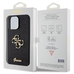 Guess 4G Metal Logo Glitter Backcover iPhone 15 Pro Max - Zwart