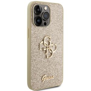 Guess 4G Metal Logo Glitter Backcover iPhone 15 Pro Max - Goud
