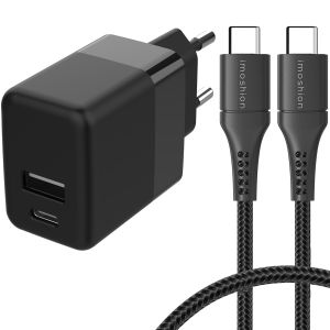 iMoshion Wall Charger met USB-C naar USB-C kabel - Oplader - Gevlochten textiel - 20 Watt - 0,25 meter - Zwart