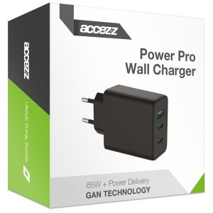 Accezz Power Pro GaN Ultra Fast Wall Charger - Oplader 2x USB-C & USB aansluiting - Snellader - Power Delivery - 65W - Zwart