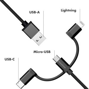 iMoshion Car Charger 20W + 3-in-1 kabel - Lightning, USB-C en Micro-USB kabel - Gevlochten textiel - 1,5 meter - Zwart