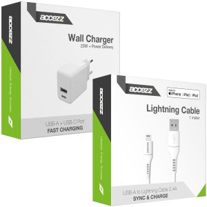 Accezz Wall Charger met Lightning naar USB kabel iPhone 12 Pro - Oplader - MFi certificering - 20 Watt - 1 meter - Wit