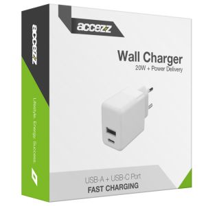 Accezz Wall Charger iPhone 13 Pro - Oplader - USB-C en USB aansluiting - Power Delivery - 20 Watt - Wit