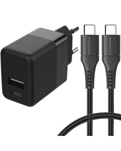 iMoshion Wall Charger met USB-C naar USB-C kabel - Oplader - Gevlochten textiel - 20 Watt - 1 meter - Zwart