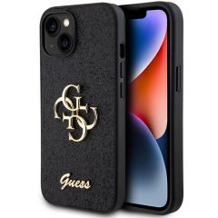 Guess 4G Metal Logo Glitter Backcover iPhone 15 - Zwart