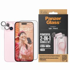 PanzerGlass 2 in 1 pack - Ultra-Wide Fit Anti-Bacterial Screenprotector incl. applicator + Camera Protector iPhone 15