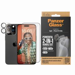 PanzerGlass 2 in 1 pack - Ultra-Wide Fit Anti-Bacterial Screenprotector incl. applicator + Camera Protector iPhone 15 Pro Max