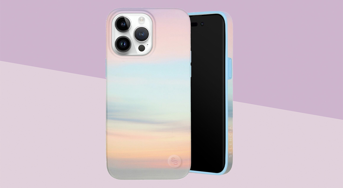 Un étui de téléphone durable pour l'iPhone, la backcover a une impression colorée et l'arrière-plan est violet.