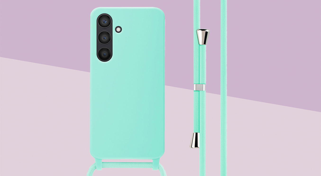 Un Samsung avec une coque de téléphone turquoise avec cordon, l'arrière-plan est de deux couleurs violettes.