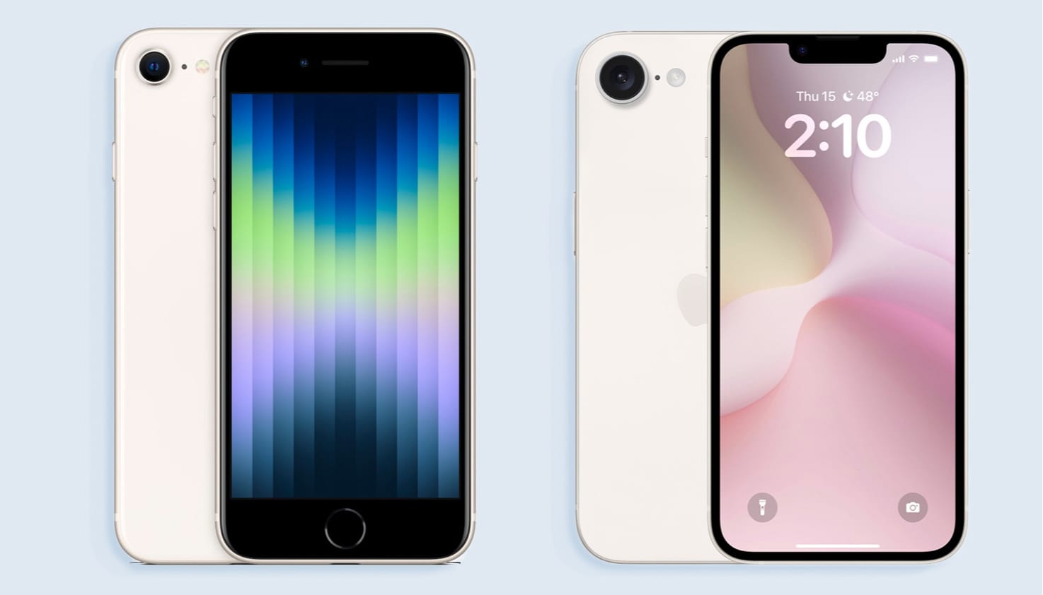 Design iPhone SE 2022 en mogelijke design iPhone SE 2025 naast elkaar.