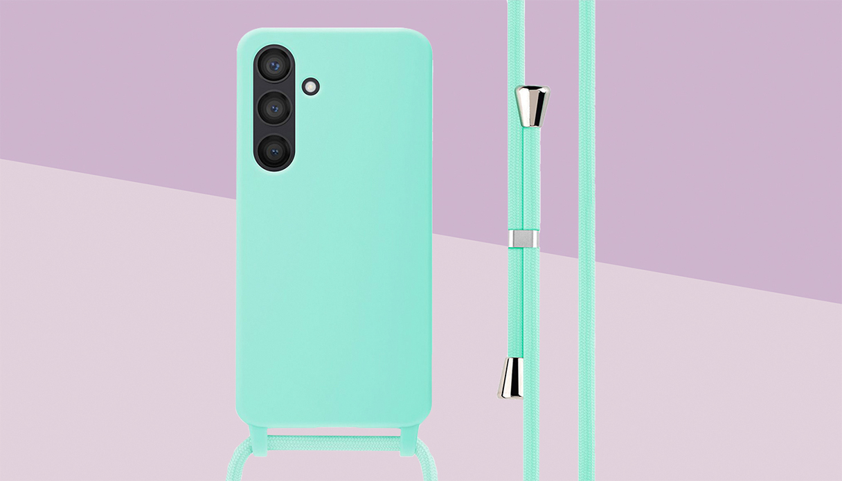 Een Samsung met een turquoise telefoonhoesje met koord, de achtergrond heeft twee kleuren paars.