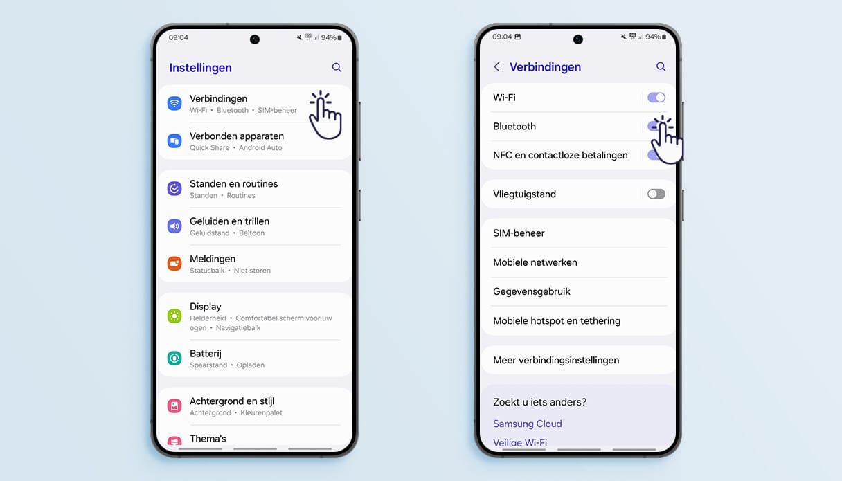 Instructie om bluetooth te activeren op Samsung telefoon.