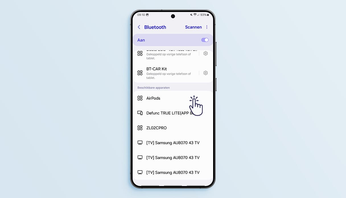 Instructie van het zoeken naar verbinden van de Samsung met Apple AirPods.
