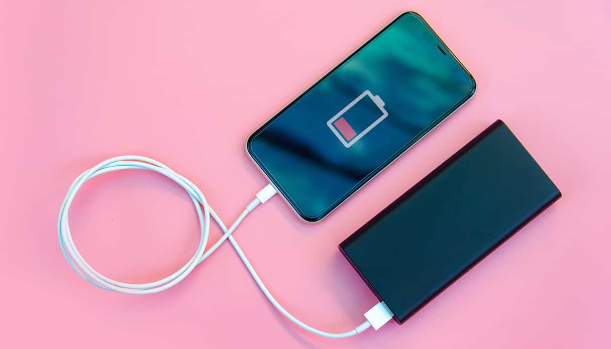 Flatlay op roze achtergrond van smartphone die door een powerbank wordt opgeladen.