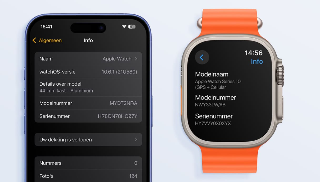 De instellingen op een iPhone en een Apple watch waar je de modelcode kun achterhalen.