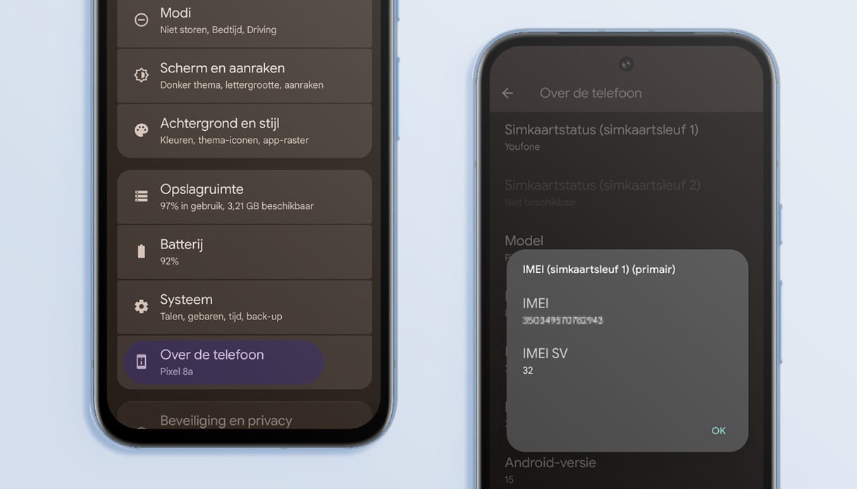 Een Google telefoon met instellingen om je IMEI nummer te achterhalen.