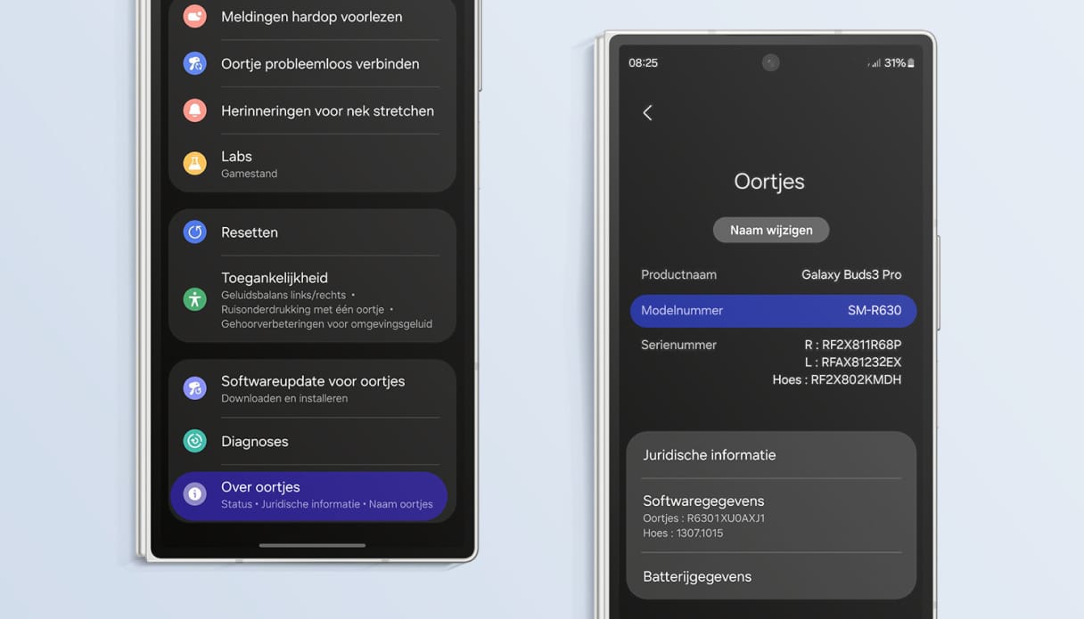 Samsung Wearable App waarin je het modelnummer van je Galaxy Buds vindt.