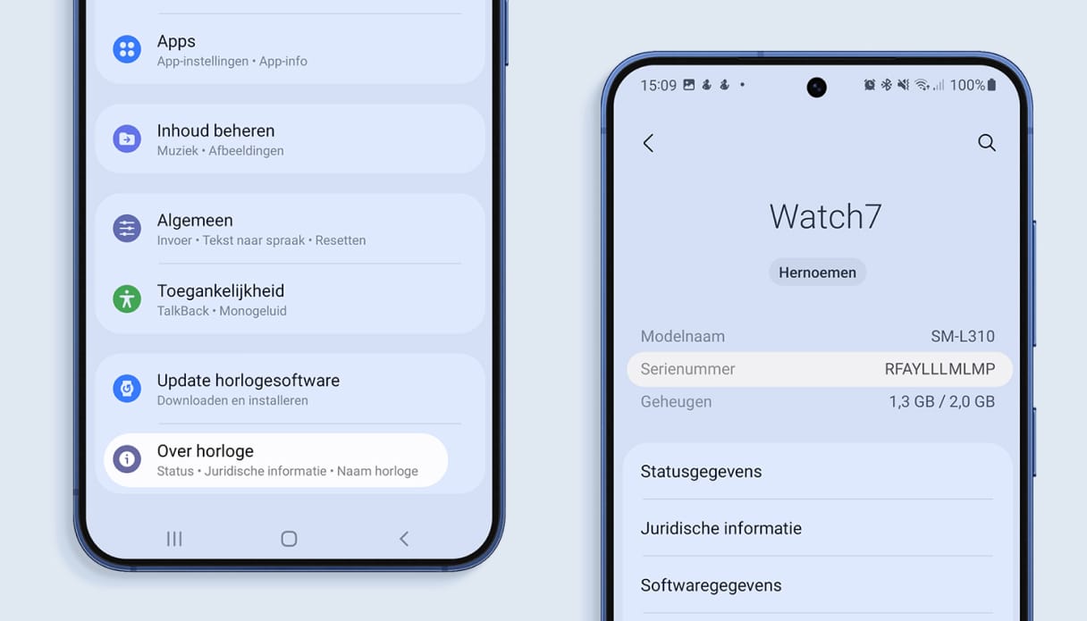 De instellingen op je telefoon om het serienummer van je Samsung Watch te achterhalen.