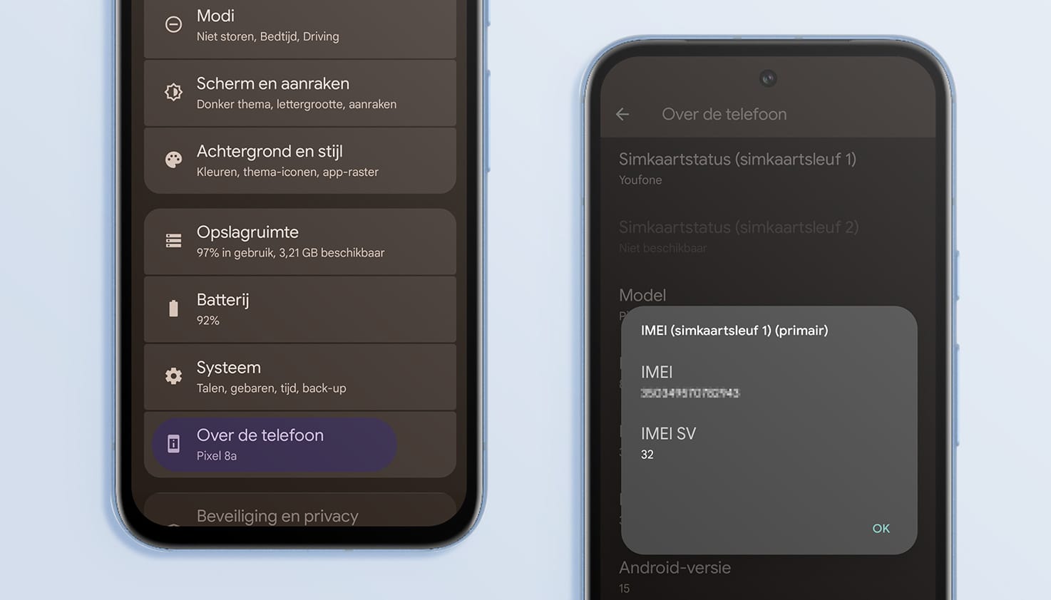 Een Google telefoon met instellingen om je IMEI nummer te achterhalen.