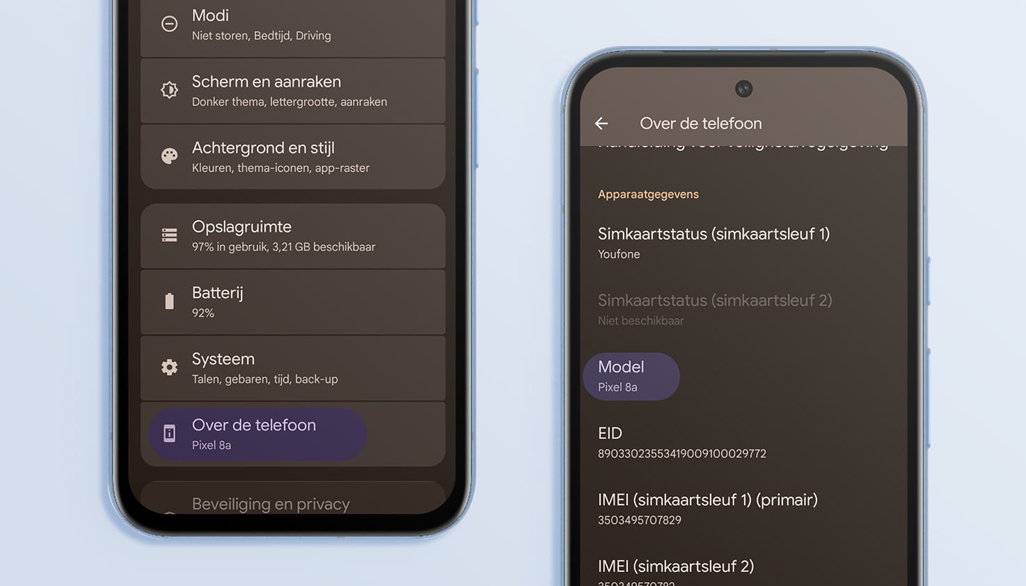 Een Google telefoon met instellingen.