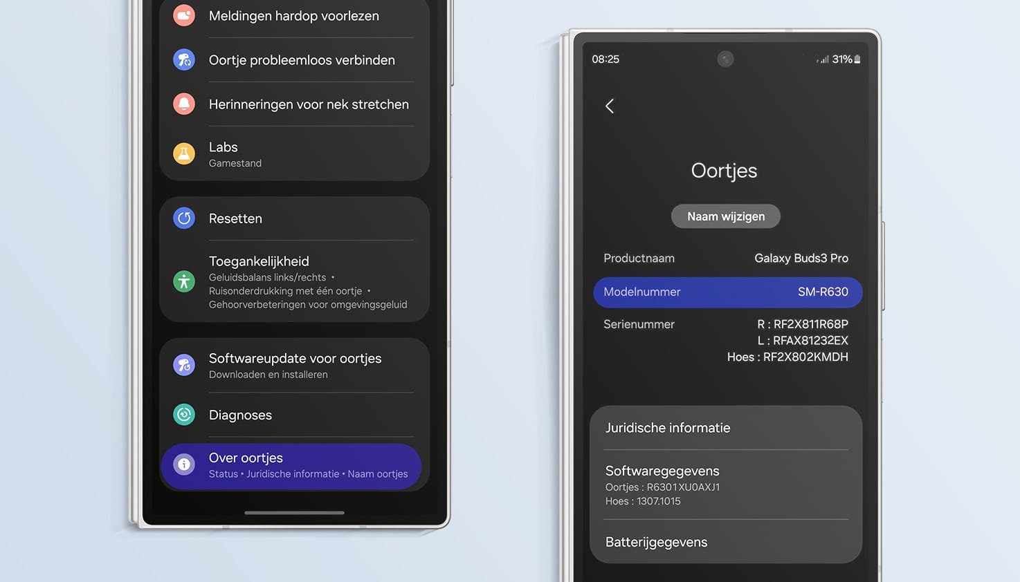 Samsung Wearable App waarin je het modelnummer van je Galaxy Buds vindt.