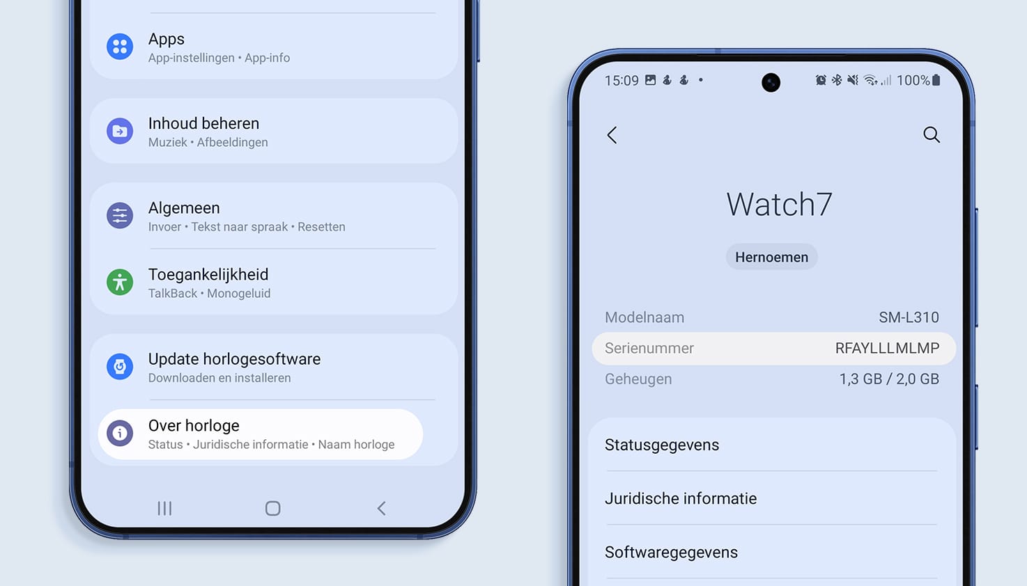 De instellingen op je telefoon om het serienummer van je Samsung Watch te achterhalen.