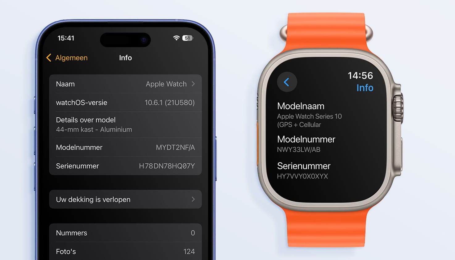 man kijkt en scrolt op zijn smartwatch en houdt in zijn andere hand zijn telefoon