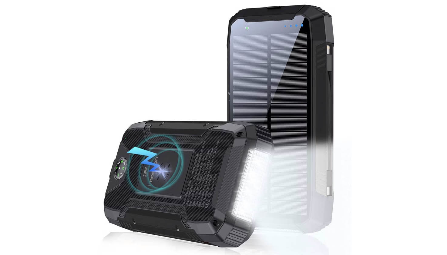 Zwarte zonne-energie powerbank met zaklamp.