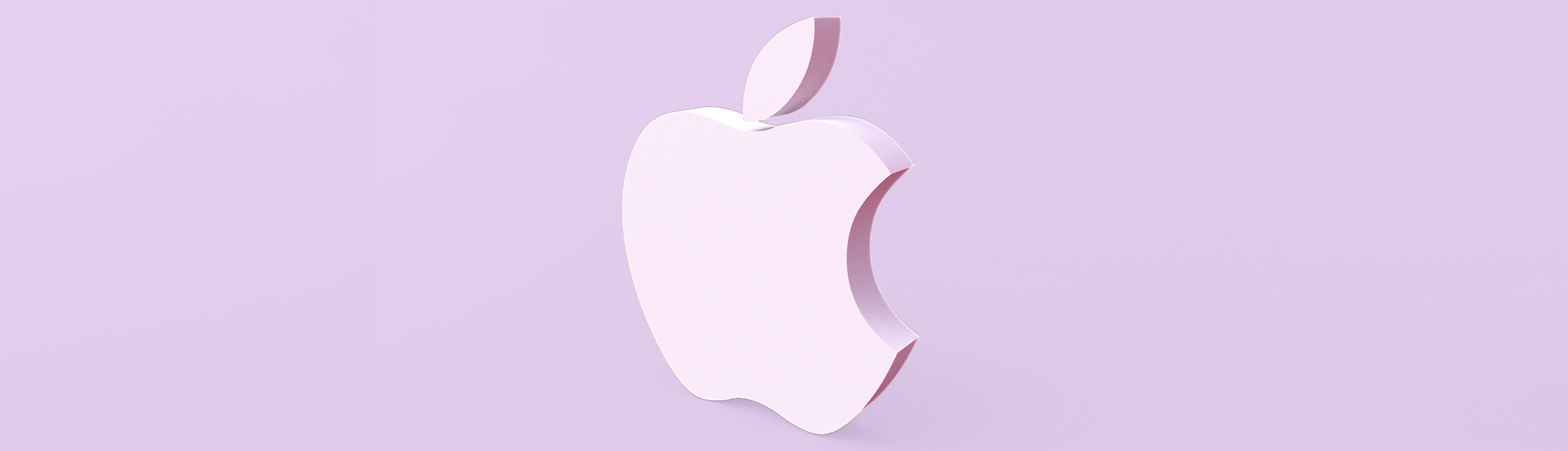 Het Apple logo is centraal gepositioneerd, het logo is een lichtpaarse kleur die ook op de achtergrond te zien is.