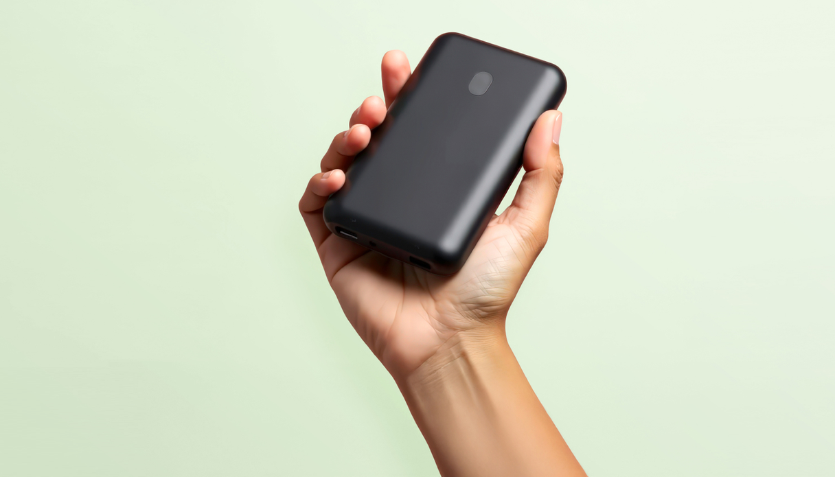 Een hand die een powerbank vasthoudt.