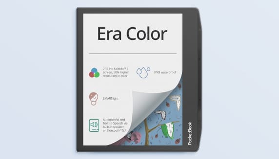 Foto van een pocketbook era color, op een lichtblauwe.