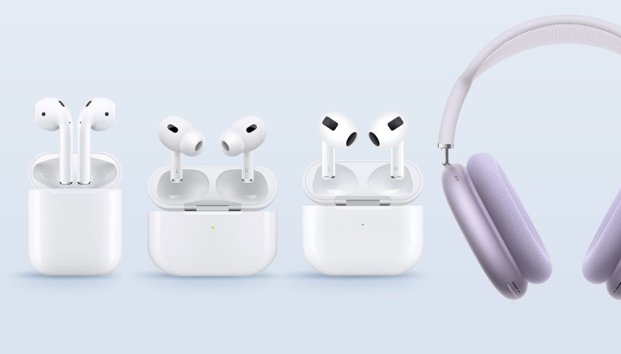 Van links naar rechts: AirPods 1 / 2, AirPods 3, AirPods 4 en AirPods Max.