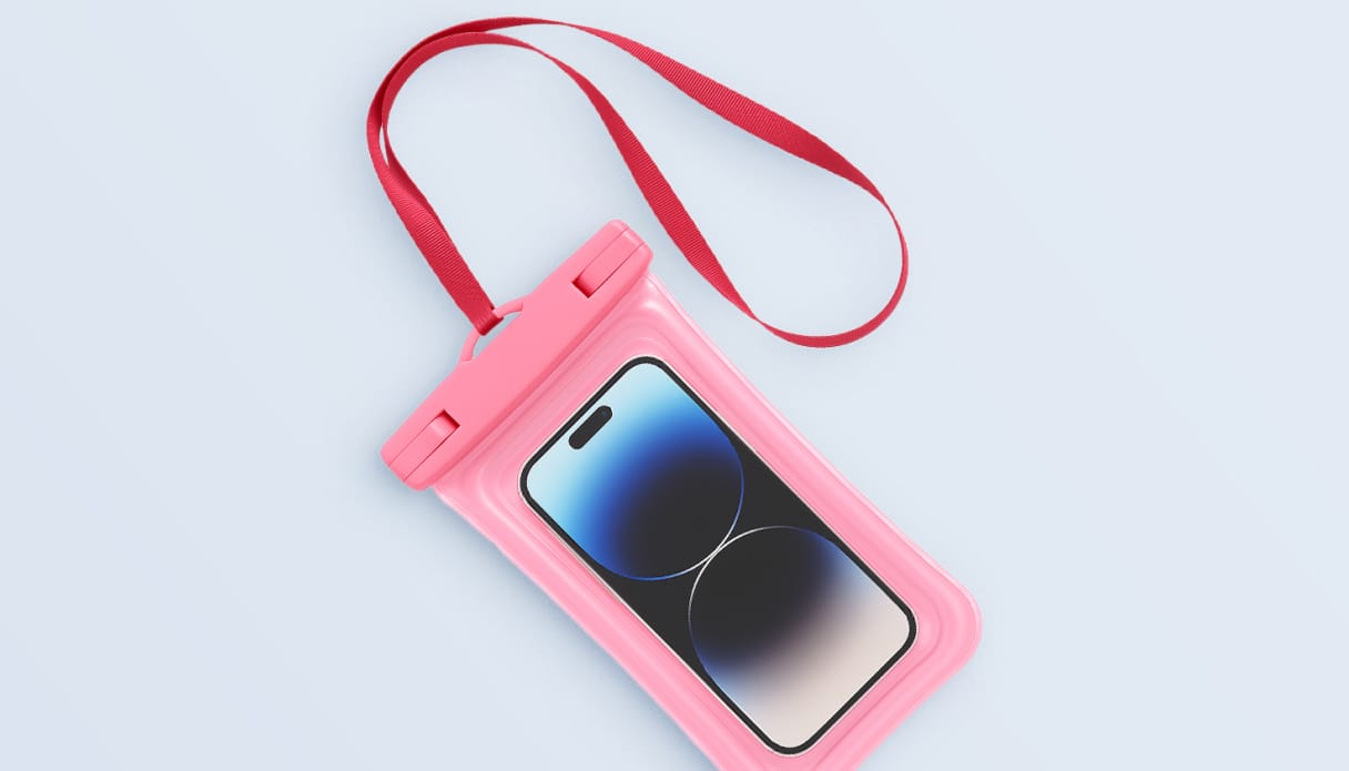 De roze imoshion waterdichte telefoonhoes met koord.