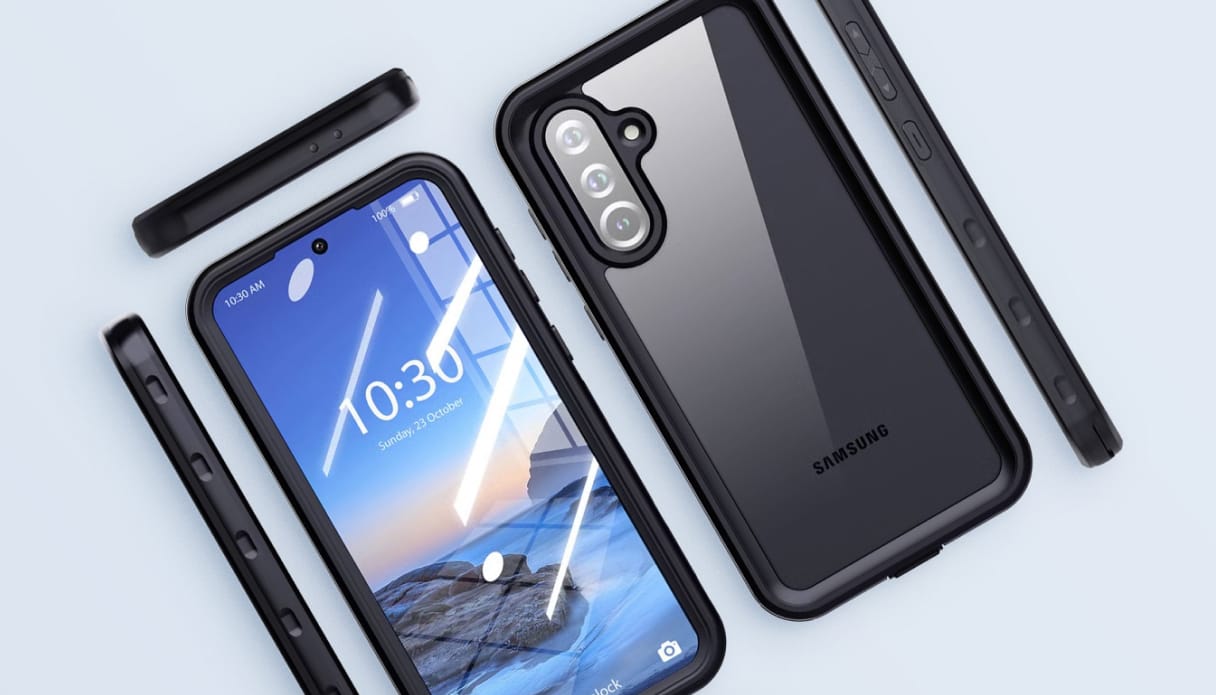 Een waterdichte zwarte hardcase om een Samsung telefoon.