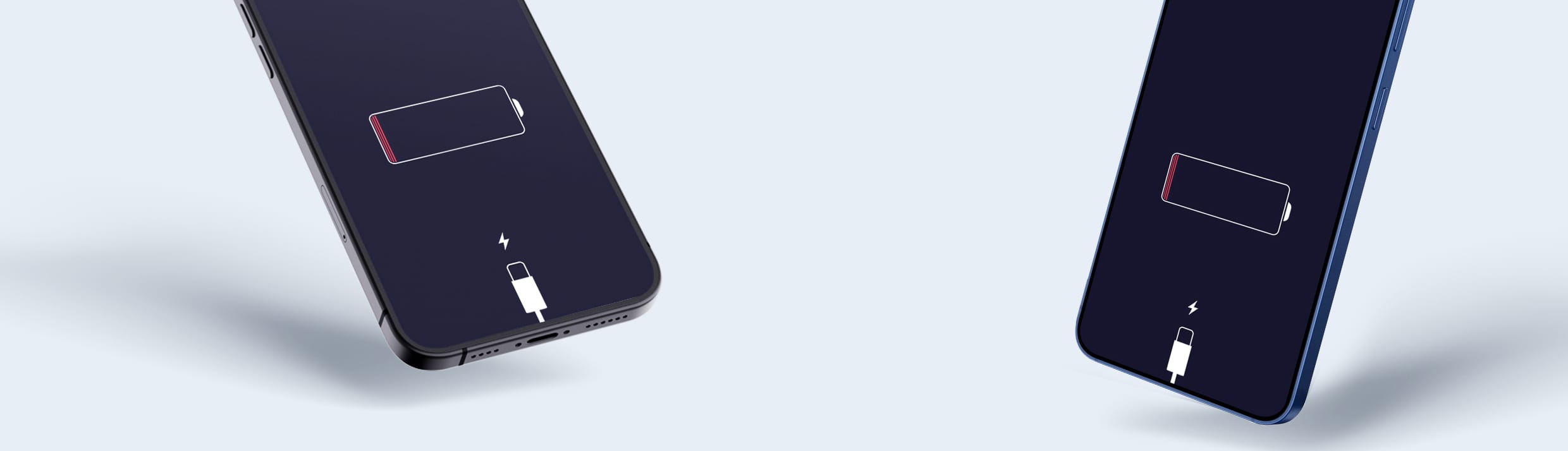 Twee smartphones op een lichtblauwe achtergrond, die beide het signaal geven dat de batterij leeg is.