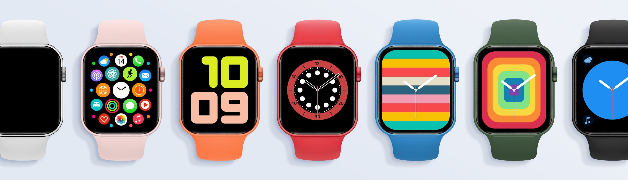 Foto van meerder Apple watches met verschillende achtergronden op een blauwe backdrop.