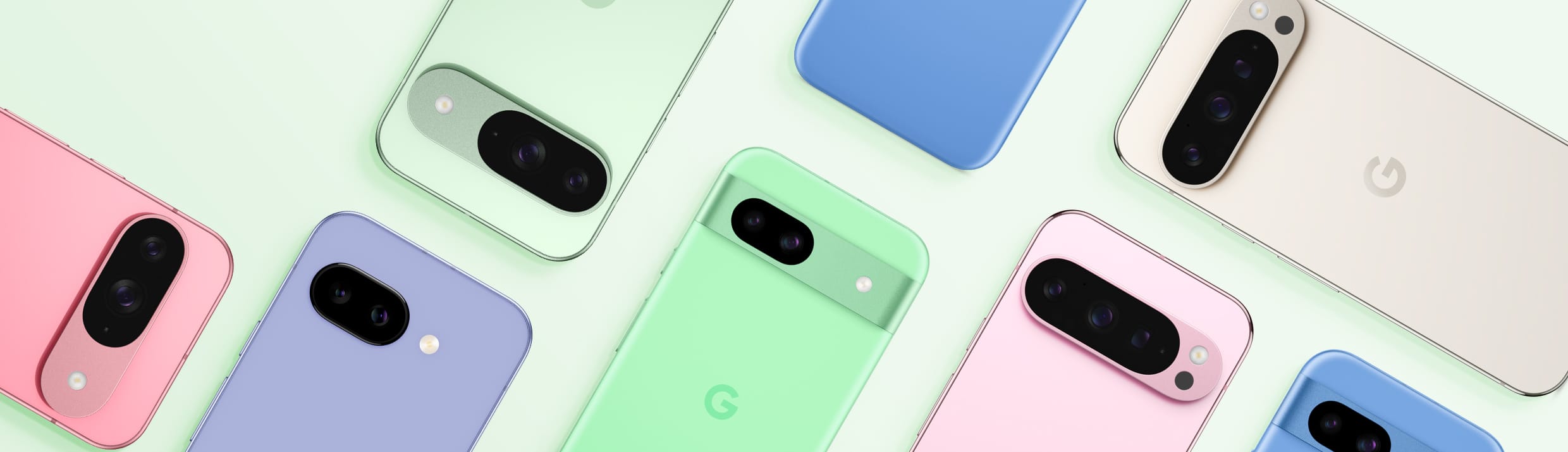 Een flatlay van verschillende Google telefoons.