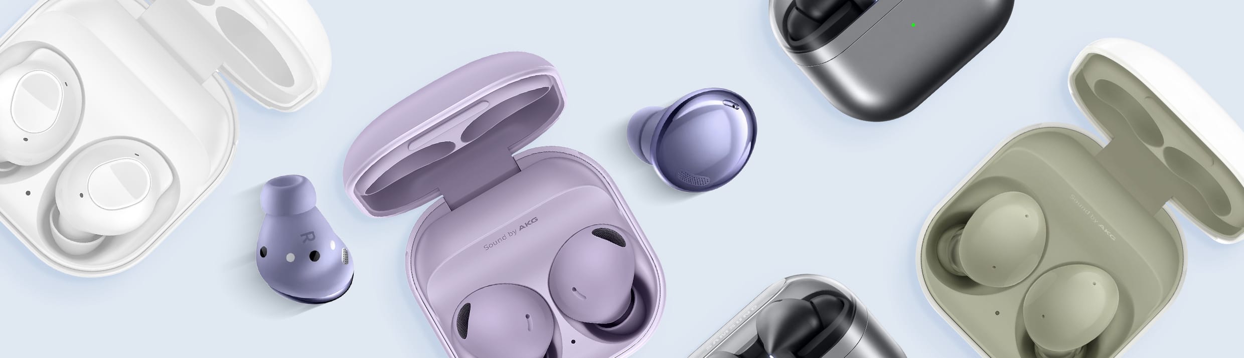 Samsung Galaxy Buds in verschillende kleuren.