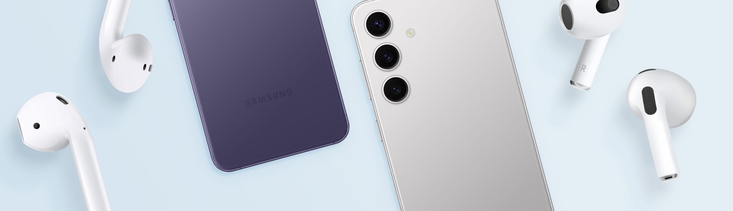 Verzameling van Apple AirPods en Samsung telefoons voor het verbinden van elkaar.