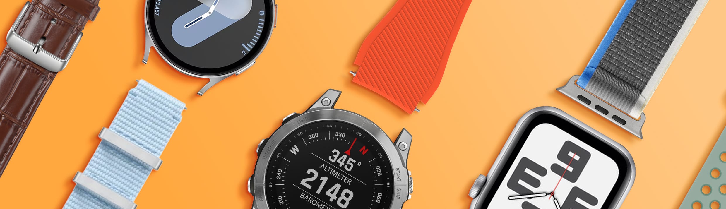 Foto van verschillende smartwatches met een losgehaald bandje op een mosterdgele achtergrond. 