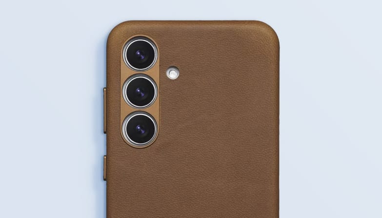 Foto van een leren telefoonhoesje. 