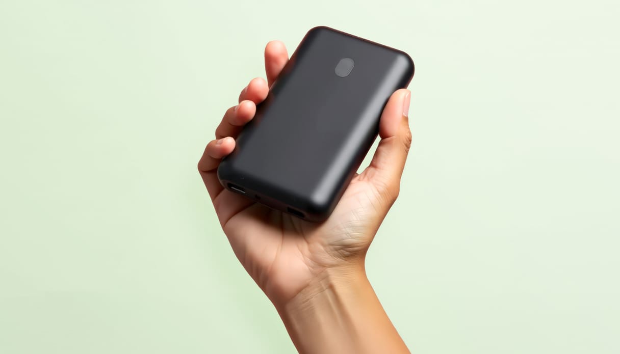 Een hand die een compacte, zwarte powerbank omhoog houdt. Op een lichtgroene achtergrond.