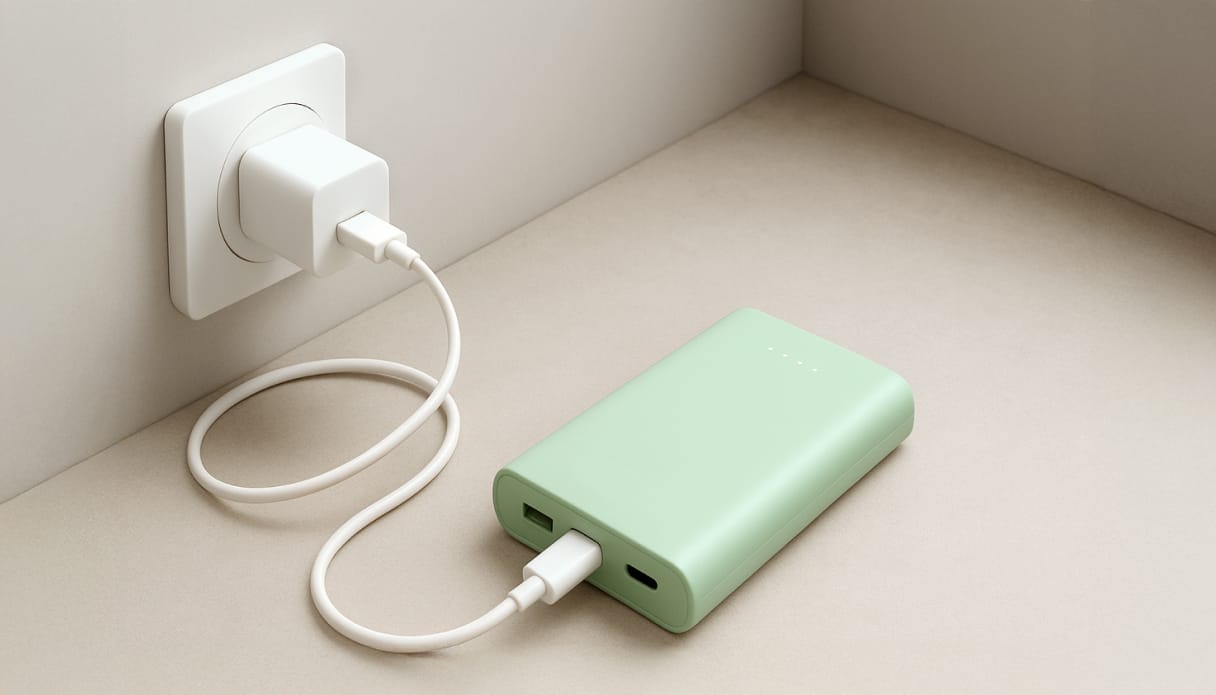 Powerbank laadt op via een kabel naar het stopcontact.