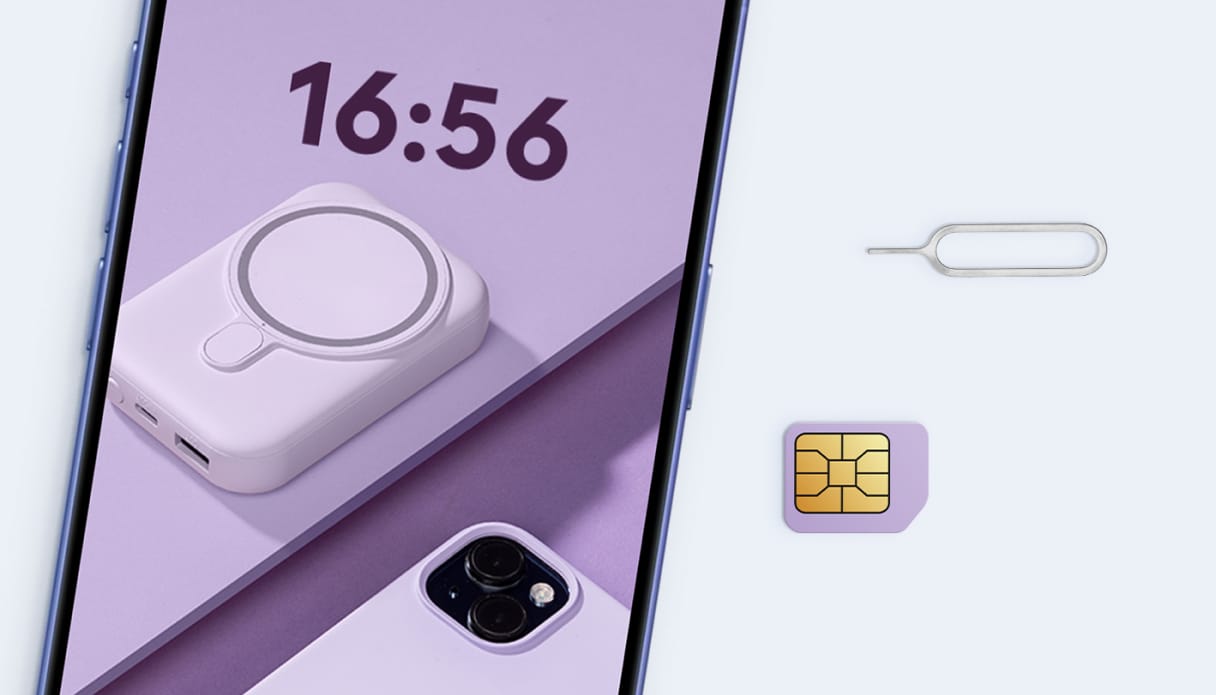 Scherm van iPhone met een simkaart en pinnetje om simkaart te plaatsen.