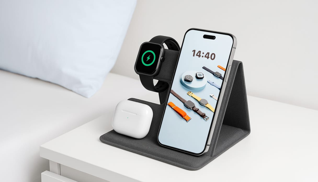 De imoshion 3-in-1 Opvouwbare draadloze oplader op een nachtkastje.