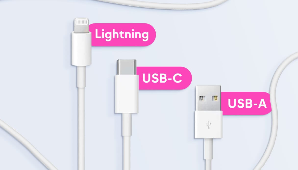 Het verschil tussen de Lightning, USB-A en USB-C aansluitingen.