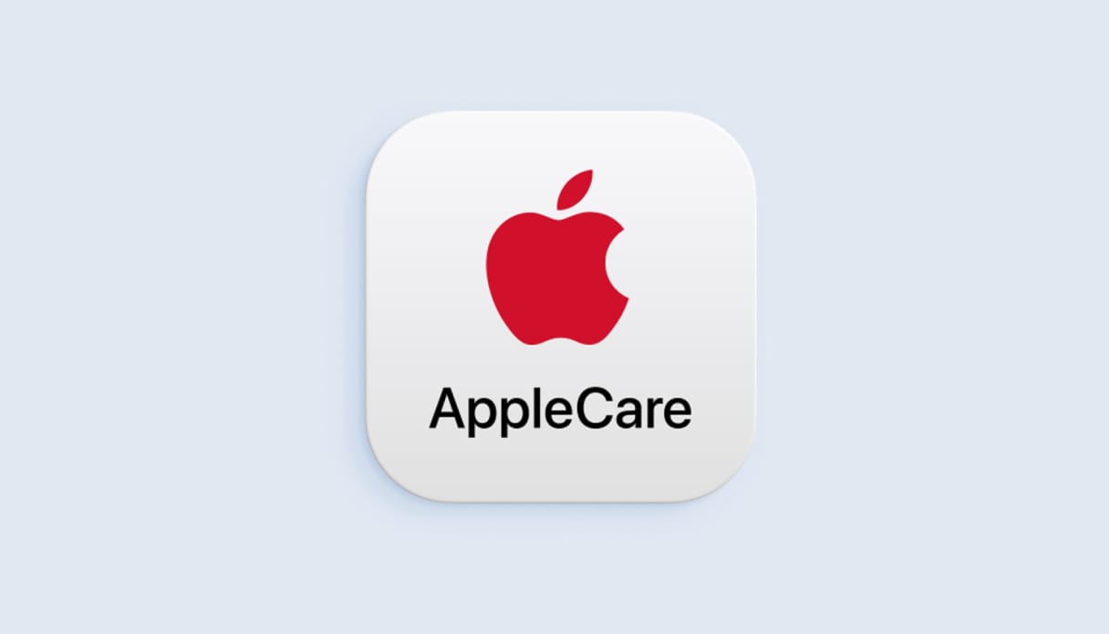 Het officiële AppleCare logo op een lichtblauwe achtergrond.