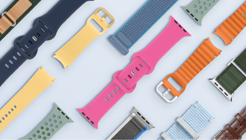 Een flatlay van verschillende smartwatch bandjes.